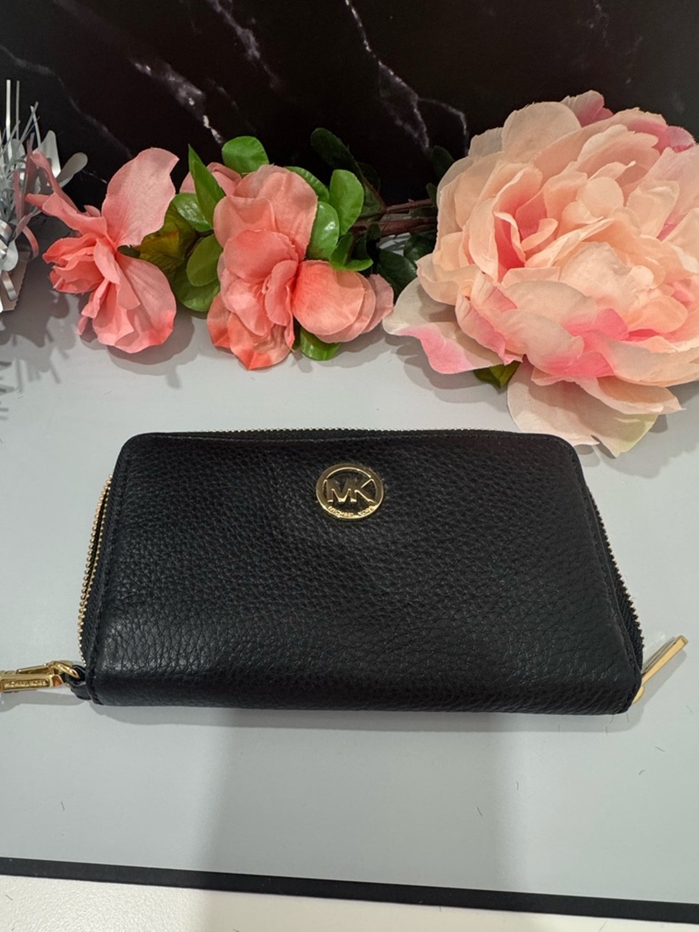 Michael Kors Black Pebbled Leather Zip Wallet / Wristlet with Gold MK Emblem